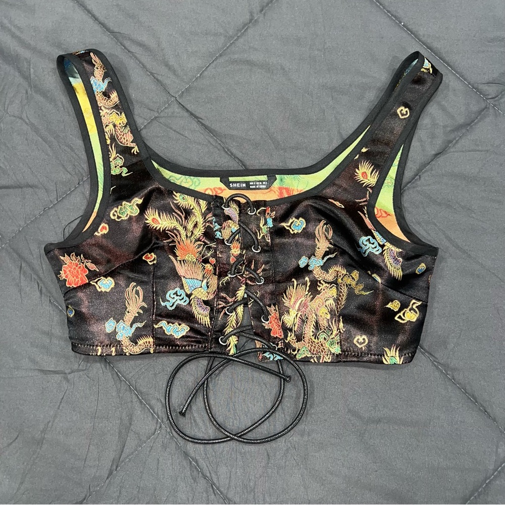 SHEIN Black Multicolor Floral Lace-Up Top